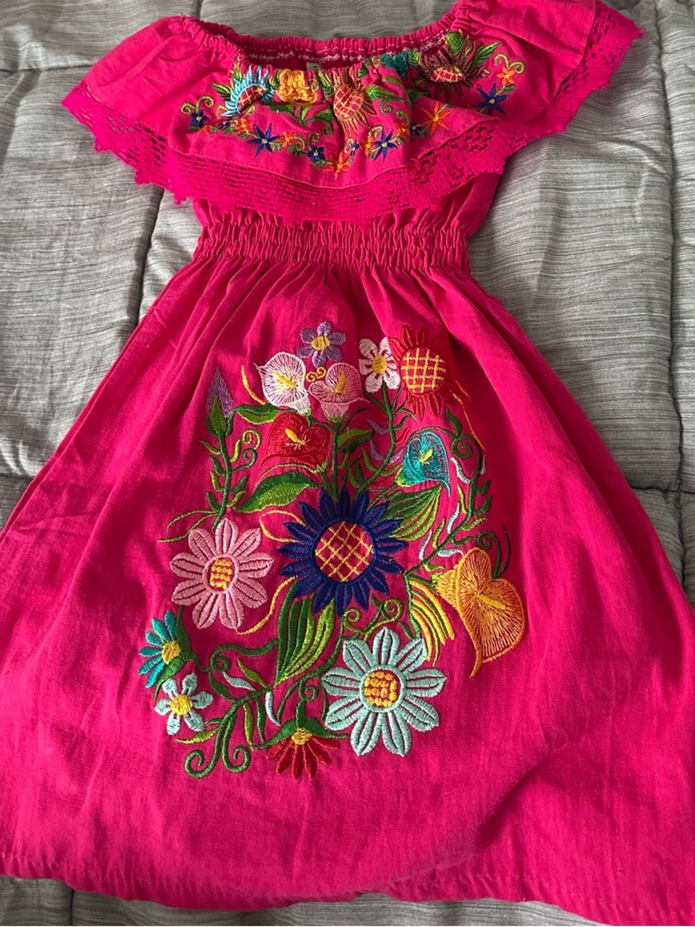 MEXICANA Hot Pink Off-Shoulder Floral Embroidered Dress